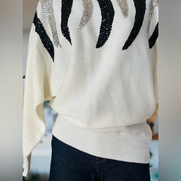 Sequin Embellished Sweater – White Knit with Black & Silver Accents - Picture 10 of 12